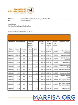 Downloadable Burkina Faso Banque Atlantique bank statement excel template